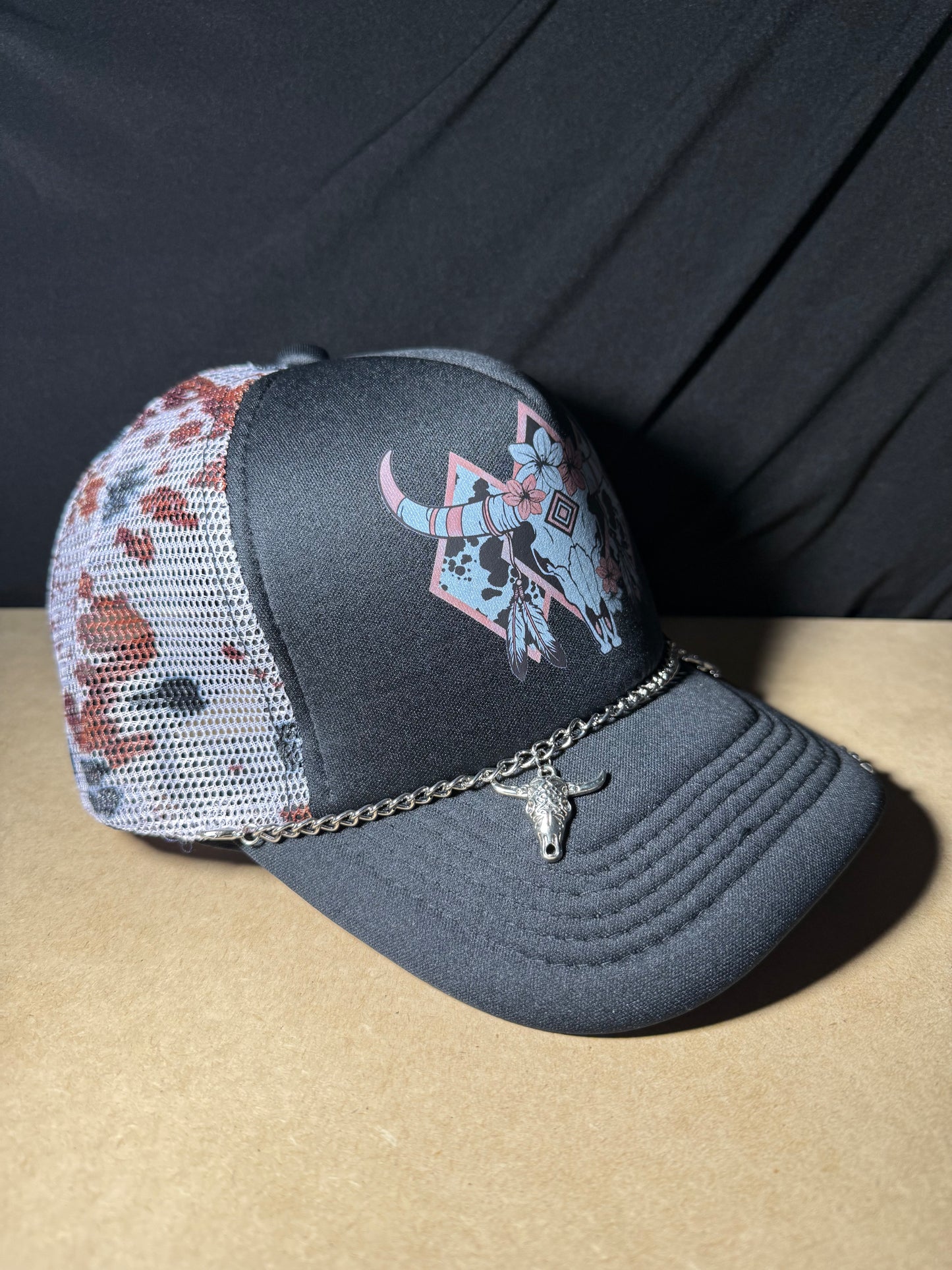 Cow head foam truck hat with cow print back