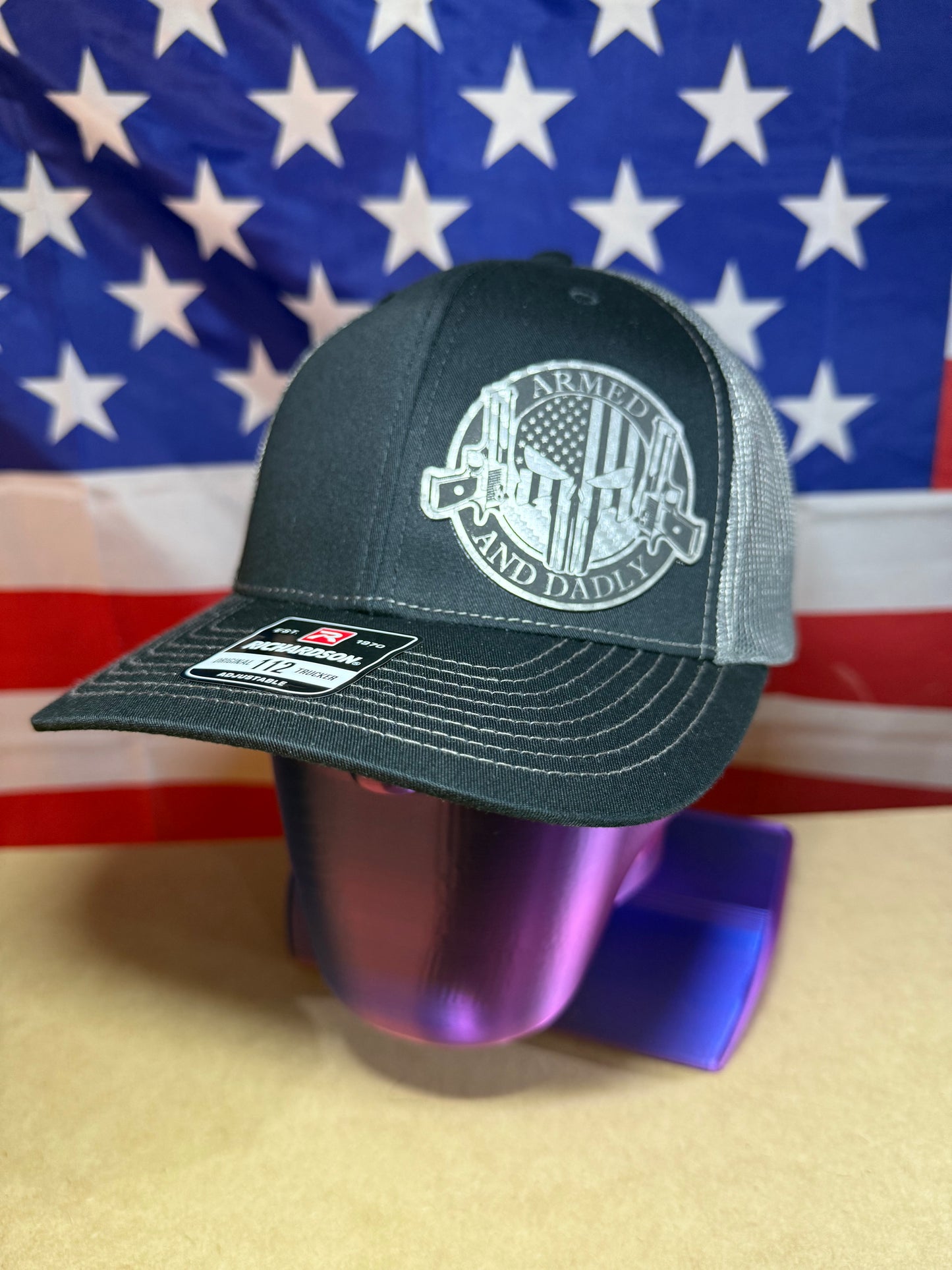 Armed & Dadly carbon fiber patch on Richardson 112 SnapBack