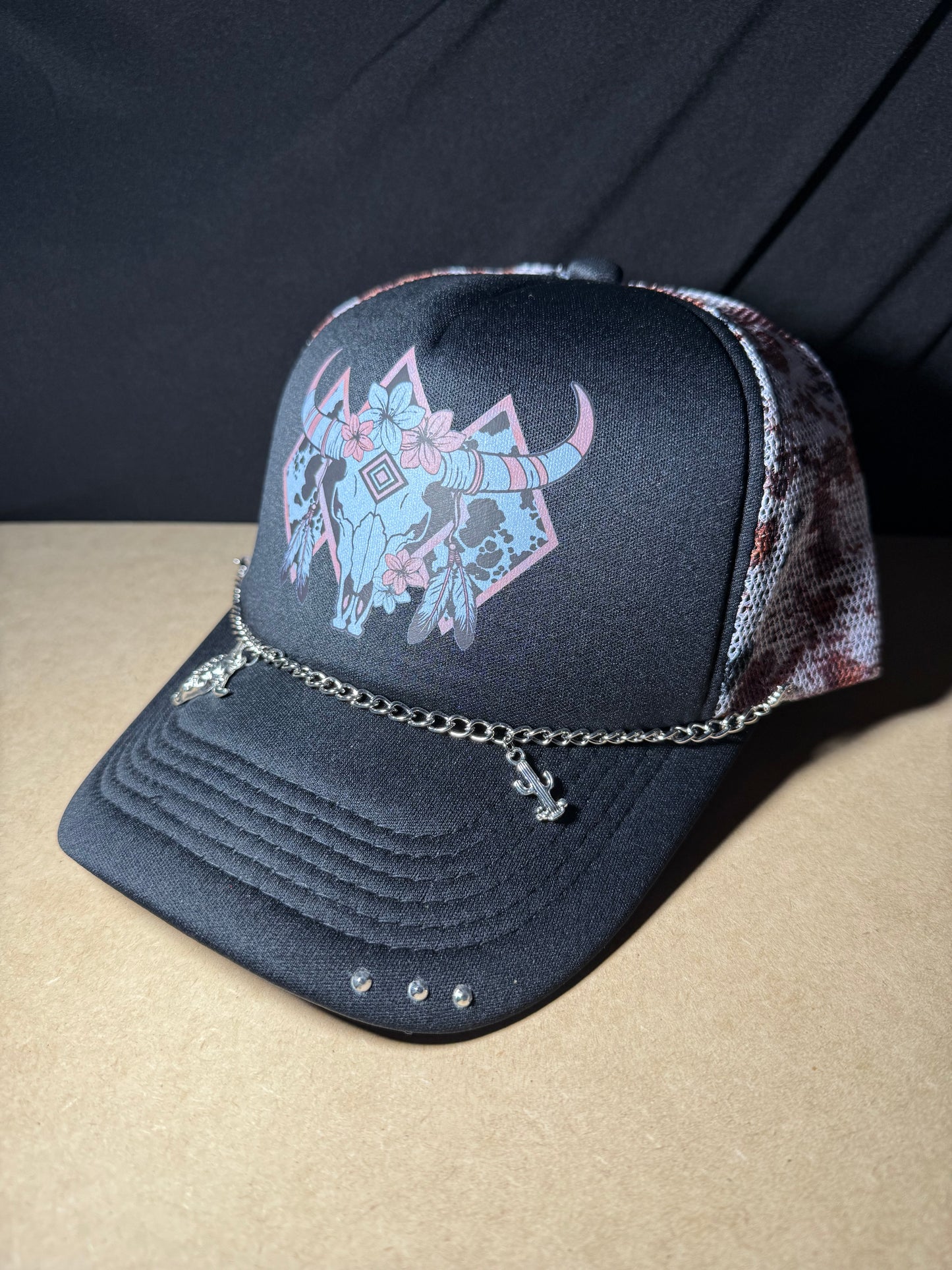 Cow head foam truck hat with cow print back