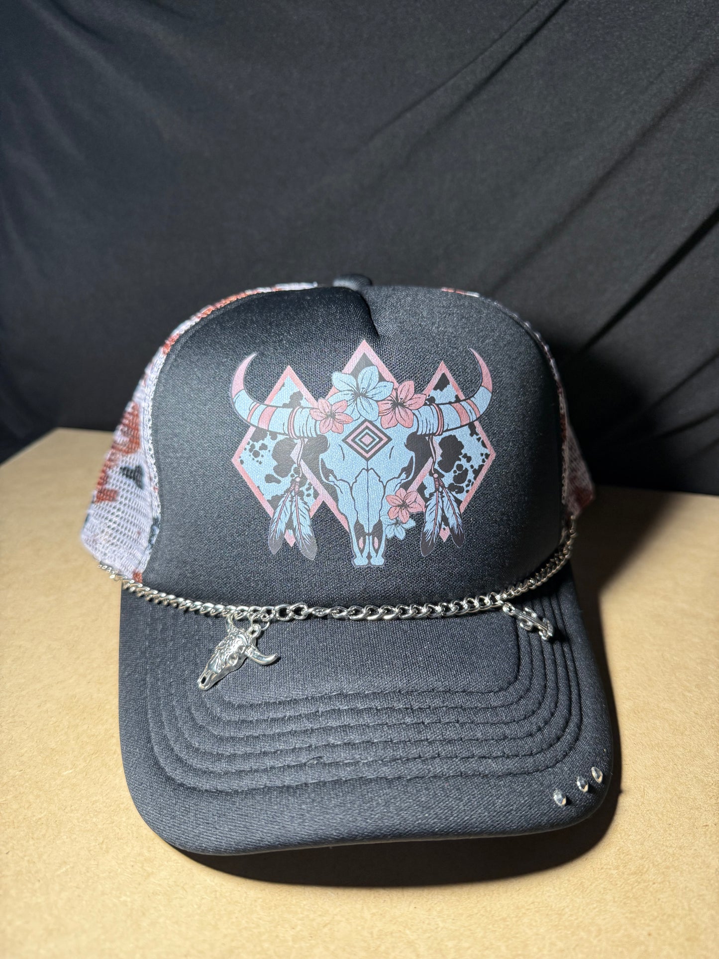 Cow head foam truck hat with cow print back